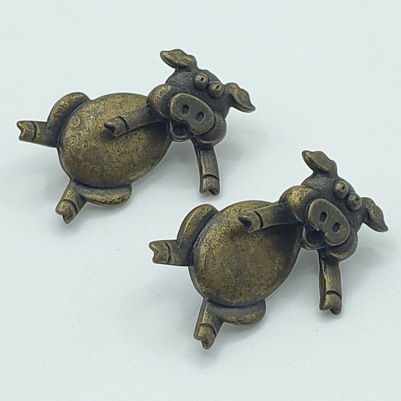 JJ Pigs Pierced Earrings 3D Smiling Bronze Colored Signed Jonette Jewelry - Picture 4 of 8
